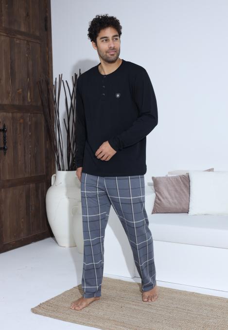 Pijama Barbati ,Maneca si Pantaloni Lungi,Culoare Negru cu Gri,Engros